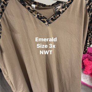 Emerald Plus Size Tan V-Neck Top with Leopard Trim